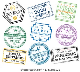 Covid-19 Collection of Grunge Passport Stamps Isolated on White. Corona Virus, Lock Down, Social Distance Concept. Vector Illustration.