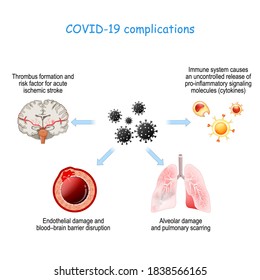 COVID-19 complications. Alveolar damage with pulmonary scarring, Thrombus formation, Endothelial damage, white blood cells and cytokine storm.