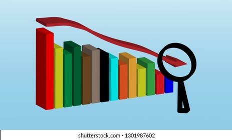 COVID-19 concept, 3D Graph bar with arrows going down, inspecting with a magnifying glass showing crisis situation.