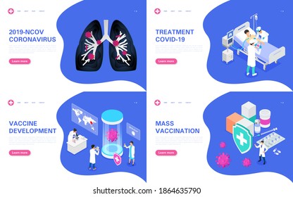Covid-19 Concept Banner Set. Koronavirus-Pandemie, Behandlung, Entwicklung und Bildung eines Impfstoffs. Vektorgrafik.
