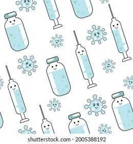 Covid-19 concept cartoon icons pattern. Vector seamless pattern of vaccine bottles, syringes and coronavirus icons Can be used for wallpaper card or banner template wrapping paper or for any other use