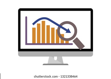 COVID-19 concept, Computer monitor with arrows and bar graph going down, inspecting with a magnifying glass showing crisis situation. 