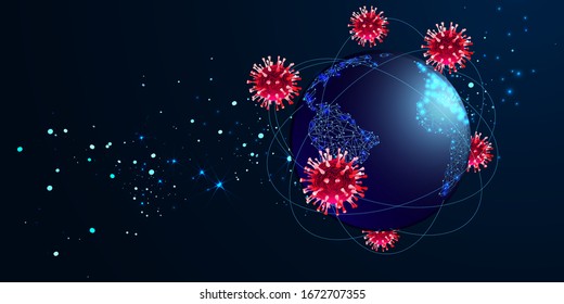 Covid-19. Concept health safety protection coronavirus epidemic 2019 nCoV. Viruses fly around planet Earth. Low poly wireframe style. Vector