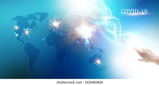 Covid-19 concept image of a world map on blue background and and hand pointing on dna molecule. Disease coronavirus science illustration. Coronavirus disease COVID-19 infection.