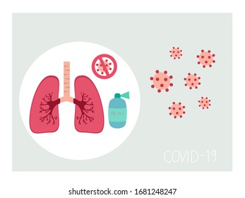 Covid-19 umfasst Keime, Alkoholsprühflasche, Lunge, Trachea, Alveoli.