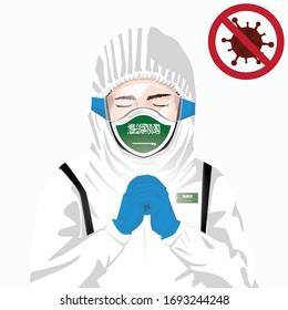 Covid-19 concept. Saudi Arabian medical staff wearing mask in protective clothing and praying for against Covid-19 virus outbreak in Saudi Arabia. Saudi Arabian man and Saudi Arabia flag. Pandemic