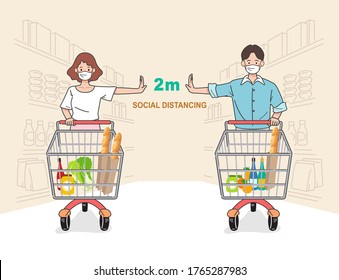 COVID-19 The concept of social distance to prevent the spread of coronavirus. People wearing masks at supermarkets buy goods while maintaining a safe distance.