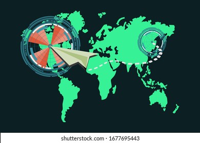COVID-19 concept with stop covid-19 sign vector illustration.covid-19 prevention design background,online social communication concept through traveling by paper plane flying through scanning point