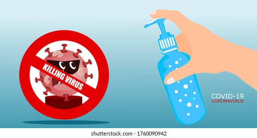 Covid-19 concept vector illustration use hand alcohol to kill virus developed from the global warning of coronavirus outbreaks, coronavirus symbols, Disinfection