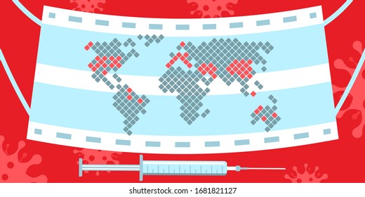 Covid-19 conceptual world map. Vector caution pandemic dotted map on antiviral mask background