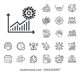 Covid-19 confirmed cases graph sign. Online doctor, patient and medicine outline icons. Coronavirus statistics line icon. Corona virus pandemic symbol. Coronavirus statistics line sign. Vector