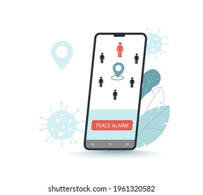 Covid-19 contact tracing system, transmit data, alert message about coronavirus risk contact. Mobile application to prevent spread virus. Banner, poster. Flat vector illustration, isolated objects.