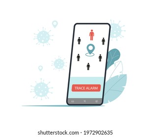 Covid-19 contact tracing system, transmit data, alert message about coronavirus risk contact. Mobile application to prevent spread virus. Banner, poster. Flat vector illustration, isolated objects.