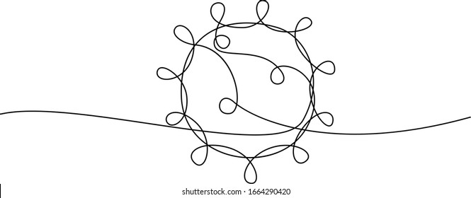 COVID-19 continuous line symbol. Concept Coronavirus, virus silhouette, corona virus inscription one single line on a white background, line drawing, vector illustration.