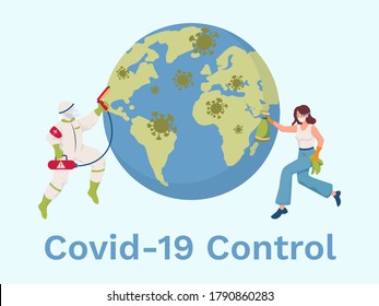 Covid-19 control vector flat banner design with text space. People in protective suits and medical masks disinfecting surface of planet Earth. Fight with Coronavirus spread poster concept.