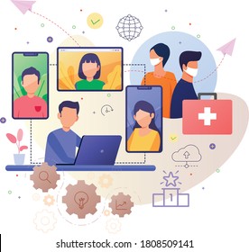 COVID-19 – Corona Impact on Global Economy, New Normal, Social Distancing, Virtual Meetings, Remote Working, and Preventions Illustrations