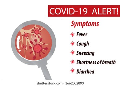 Covid-19, corona virus, 2019-nCoV symptoms with magnifying glass sign or  banner. Travel, vacantion, protective mouth cap mask warning concept. Vector Eps 10