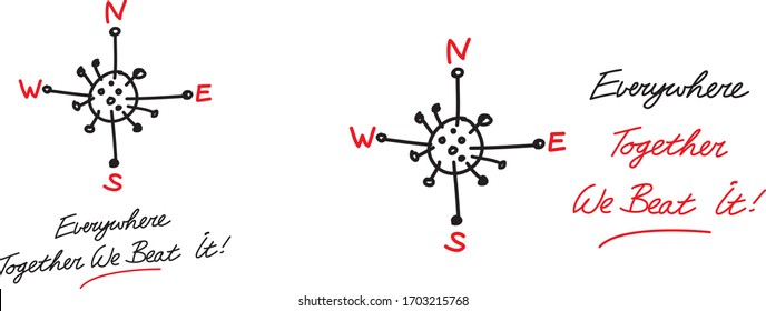 Covid-19 corona virus in compass concept. With Everywhere together we beat it hand writing text. Cartoon Style. Vector illustration.