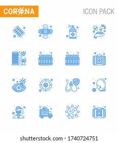 COVID19 corona virus contamination prevention. Blue icon 25 pack such as city; washing; bottle; medical; protect viral coronavirus 2019-nov disease Vector Design Elements