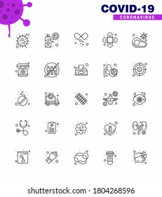 COVID19 corona virus contamination prevention. Blue icon 25 pack such as food; injury; protection; bandage; open capsule viral coronavirus 2019-nov disease Vector Design Elements