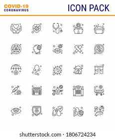 COVID19 corona virus contamination prevention. Blue icon 25 pack such as soap basin; basin; healthcare; infect; disease viral coronavirus 2019-nov disease Vector Design Elements