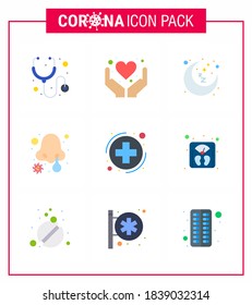 COVID19 corona virus contamination prevention. Blue icon 9 pack such as  healthcare; medication; night; nose infection; disease viral coronavirus 2019-nov disease Vector Design Elements