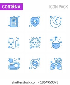COVID19 corona virus contamination prevention. Blue icon 25 pack such as bacteria; stethoscope; moon; medical; healthcare viral coronavirus 2019-nov disease Vector Design Elements
