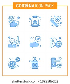 COVID19 corona virus contamination prevention. Blue icon 25 pack such as temprature; virus; syrup bottle; fever; medical viral coronavirus 2019-nov disease Vector Design Elements