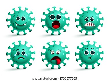 Covid19 corona virus emoji icon vector set. Covid-19 coronavirus emoji and emoticon in green scary, dizzy and surprise facial expressions isolated in white. Vector illustration. 