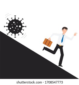 COVID-19 corona virus impact to businessman. Company and business to survive concept. Financial crisis help policy. Businessman leader running away from COVID-19 and getting down.