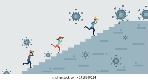 COVID-19 corona virus impact to businessman.Business people climbing high stair to stand safe by cover himself with big shield. Company and business to survive concept. Financial crisis help policy.