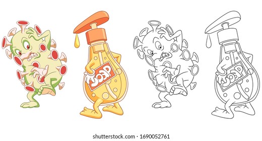 COVID-19, corona virus infection cell. Stop coronavirus spreading concept. Health care ways to prevent infection. Cartoon funny character of 2019-nCoV virus. Coloring page. Vector illustration.