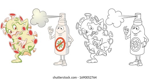 COVID-19, corona virus infection cell. Stop coronavirus spreading concept. Health care ways to prevent infection. Cartoon funny character of 2019-nCoV virus. Coloring page. Vector illustration.