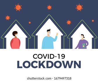 Covid-19 or corona virus lockdown concept. People staying at their home avoiding covid-19 virus outbreak. Vector illustration.