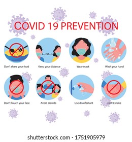 covid19 or corona virus protection method showing people wearing mask, wash their hands and keep the distance