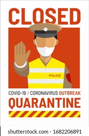 COVID-19 Corona Virus Quarantine Poster or Leaflet with Flat Style Vector Illustration of Indian Policeman Wearing Surgical Face Mask and Blocking the Way in India or Asia.