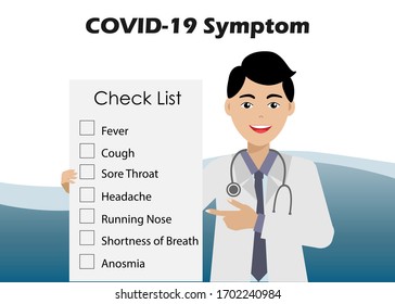 COVID-19 Corona Virus Symptom Check List. Young Doctor Man Holding Check List Board Of COVID-19 Symptom. Idea For COVID-19 Pandemic And Awareness. Vector Illustration. Isolated On White Background.