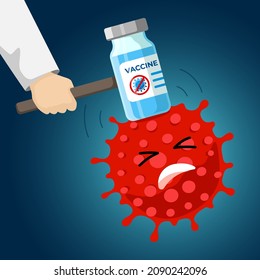 COVID-19 corona virus vaccination. Doctor hand hits coronavirus character with vaccine like hammer. Respiratory infection disease epidemic medical prevention, immunization and treatment. Vector banner