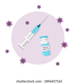 Covid-19 corona virus vaccination with one glass vaccine bottle and one syringe surrounded by viruses. Vaccination concept. Injection tool for covid19 immunisation treatment. Flat illustration.