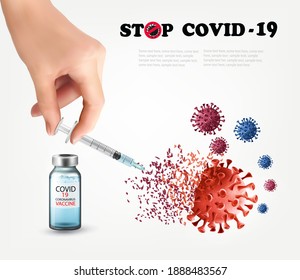 Covid-19 corona virus vaccination with syringe injection tool for covid19 immunization treatment.  Coronavirus vaccine background. Vector illustration