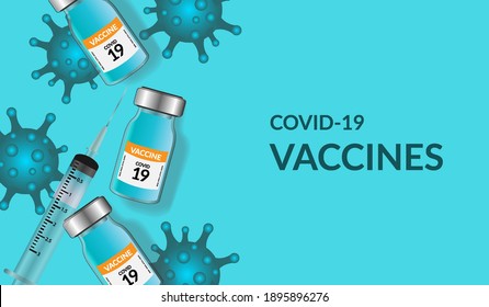 Covid-19 corona virus vaccination with vaccine bottle and syringe injection tool for covid19 immunization treatment. Coronavirus vaccine vector background. 