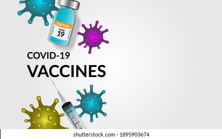 Covid-19 corona virus vaccination with vaccine bottle and syringe injection tool for covid19 immunization treatment. Coronavirus vaccine vector background. 