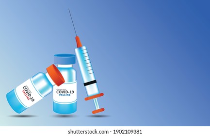 Covid-19 corona virus vaccination with vaccine bottle and syringe injection tool for covid19 immunization treatment. Coronavirus vaccine vector background. 3d Vector illustration.