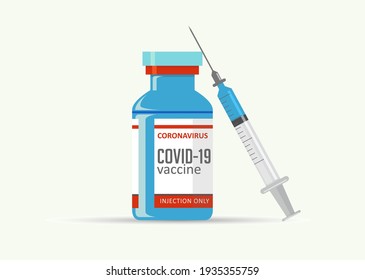 Covid-19 corona virus vaccination with vaccine bottle and syringe injection tool.