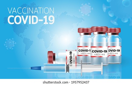Covid-19 corona virus vaccination with vaccine bottle and syringe injection tool, Coronavirus vaccine banner background, Vector illustration
