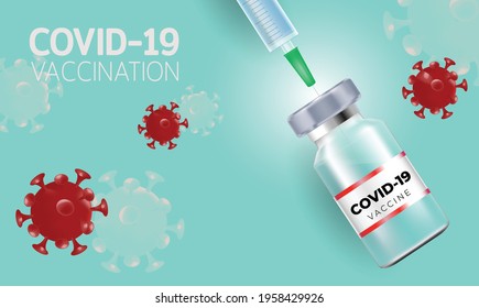 Covid-19 corona virus vaccination with vaccine bottle and syringe injection tool, Coronavirus vaccine banner background, Vector illustration