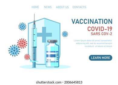 Covid-19 corona virus vaccination with vaccine bottle, shield, syringe injection tool for immunization treatment. Coronavirus vaccine background. Vector flat illustration. Design for landing page, web