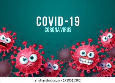 Covid-19 corona virus vector background template. Corona virus background with angry and scary covid-19 emoticons and emojis in background. Vector illustration.
