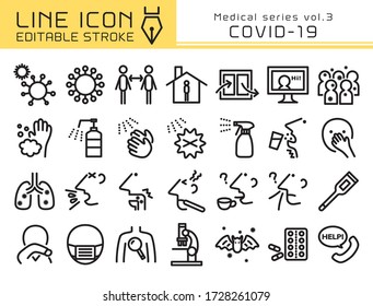 Covid-19 corona virus vector icon set. Editable line stroke.