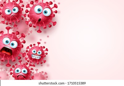 Covid-19 Corona Virus Vektorillustration Template Hintergrund. Ncov corona Virus Hintergrund mit beängstigenden und wütenden covid19 Emojis und Emoticons und leerer Leerraum für Text. Vektorillustration.
